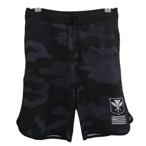 Wailoa Board Shorts Men's 36 Reflective Kanaka Hawaiian Flag Black Camo Stretch